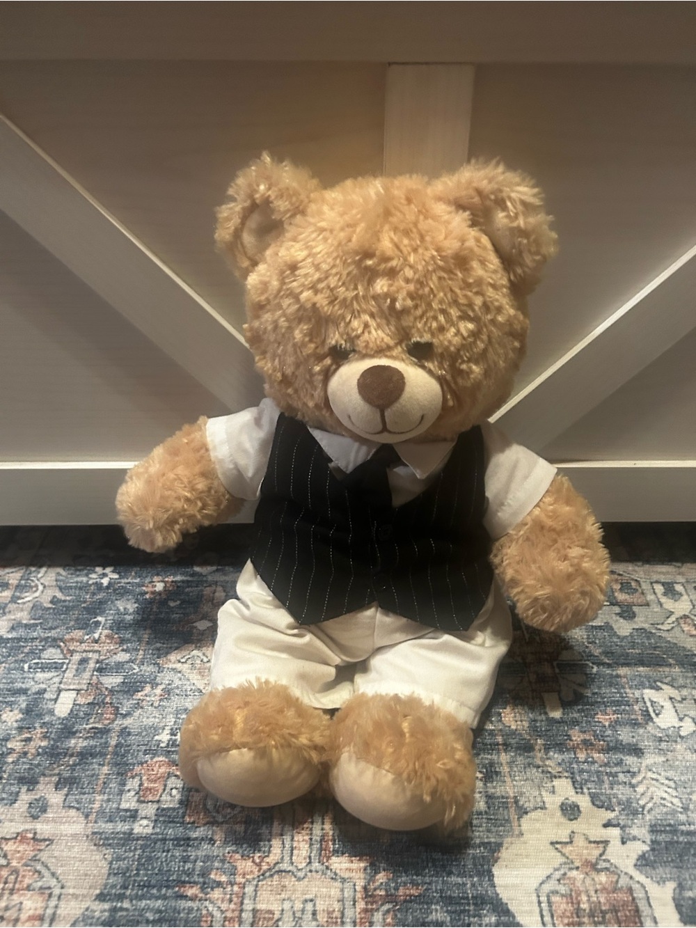 Vintage Build-A-Bear Tan Plush Teddy with Black Pinstripe Vest and White Outfit